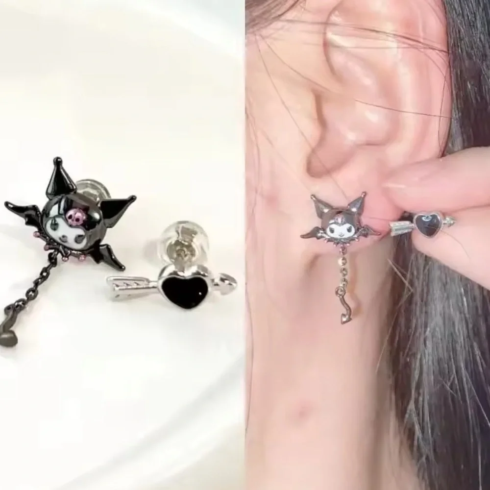 925 Sterling Silver Plated Kuromi Bat Wings Arrow & Heart Mismatch Stud Earrings